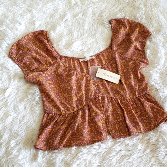 Pink Rose Tops - Pink Rose Crop Top Short Sleeved Muave Floral, Juniors Size Medium